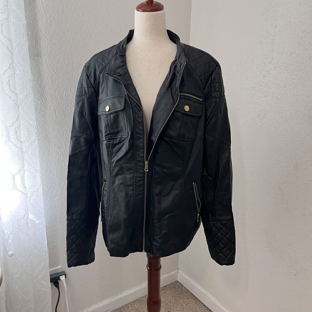 Ci Sono Womens Black Faux Leather Jacket Size 3x Biker Moto Zip Up